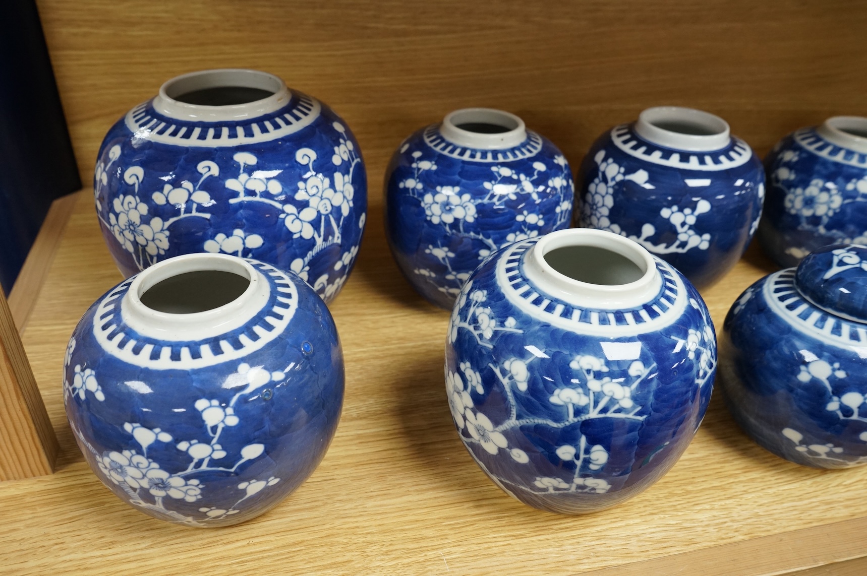 Eleven Chinese blue and white prunus jars, and two covers, late 19th/20th century, largest 16cm high